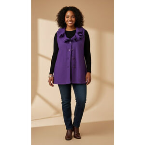 Boho,reto Coquette whimsical Purple Ruffle Front 100% Wool Vest tunic Sz-1X